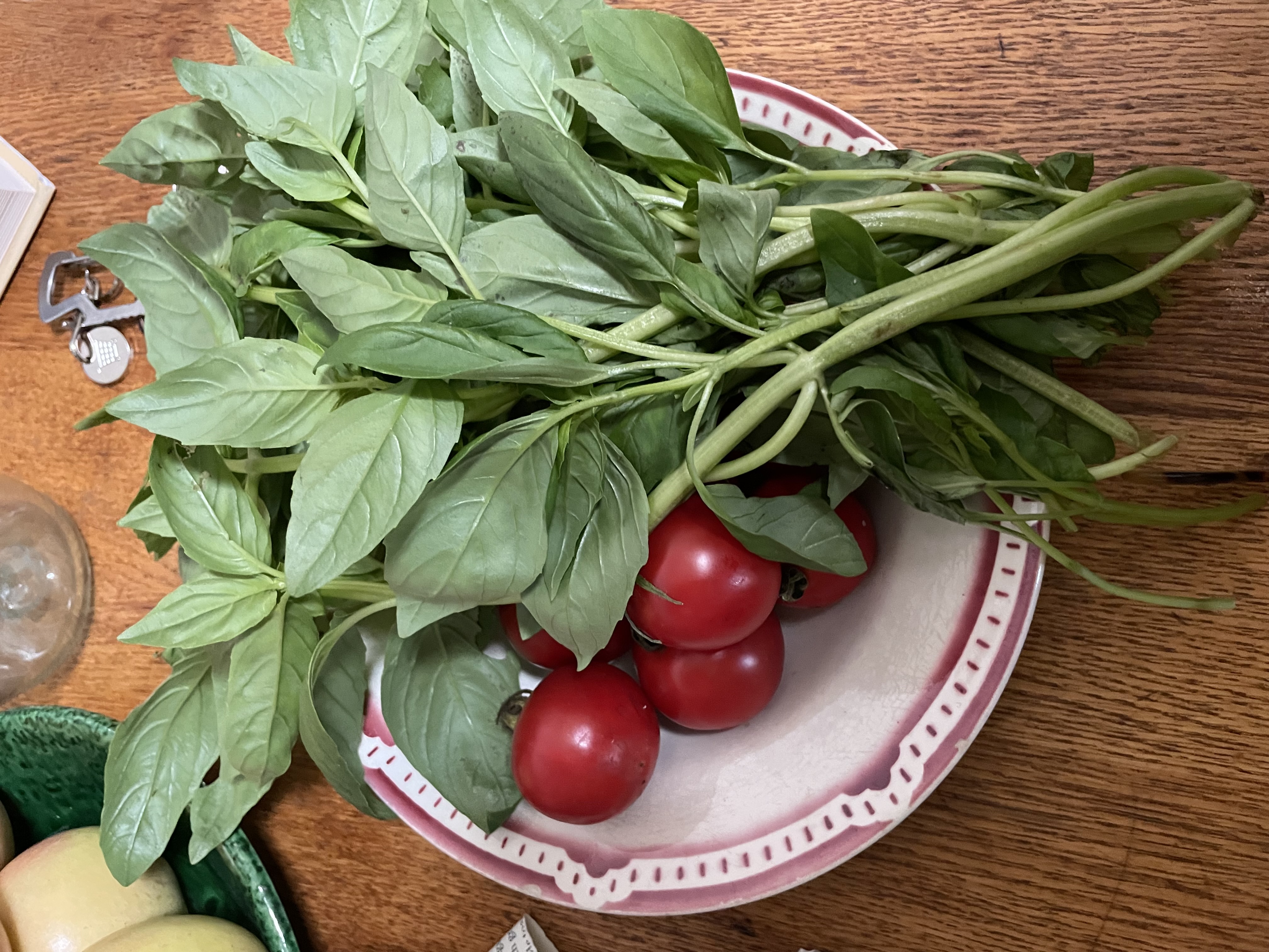 A bowl of basil and tomatoes